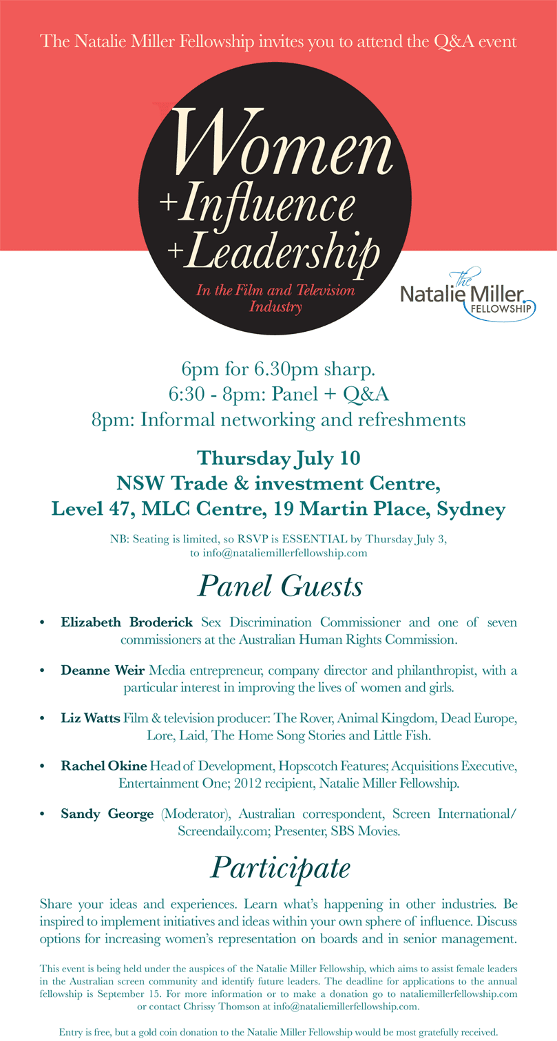 Invitation to the Natalie Miller Fellowship event Women + Influence + Leadership in the Film and Television Industry